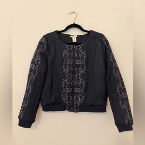 Sundance Dark Blue Bomber Jacket Size M Silk Cotton Embellished Boho Western